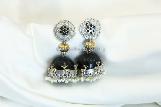 Dual Tone Stone Dome Jhumka- Black