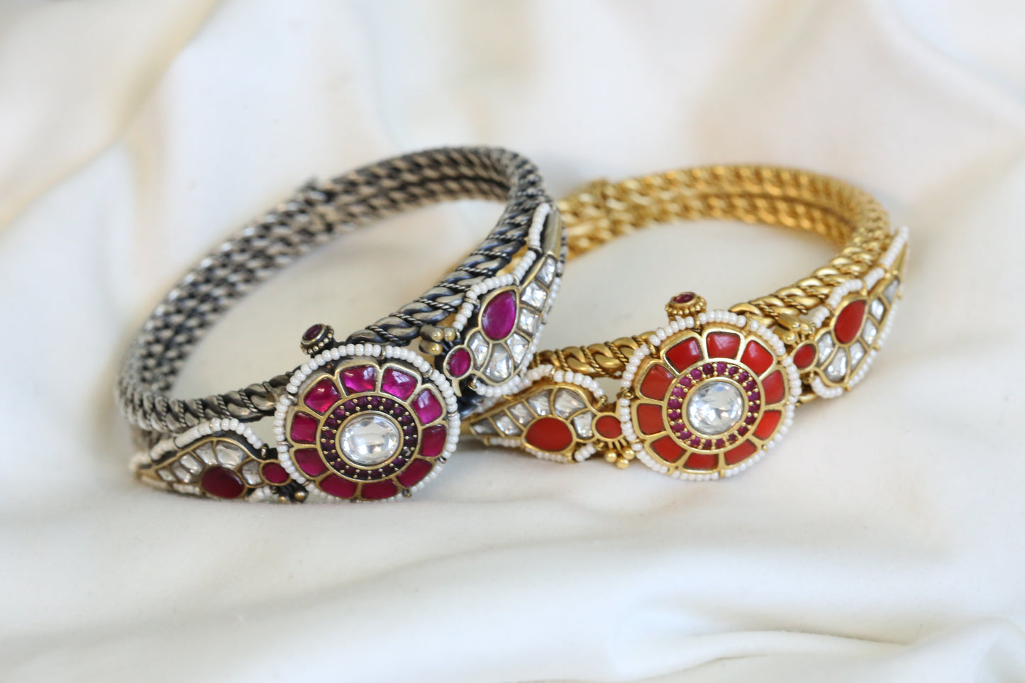 Jadau Kundan Silver Look Alike Bracelets ( Openable)