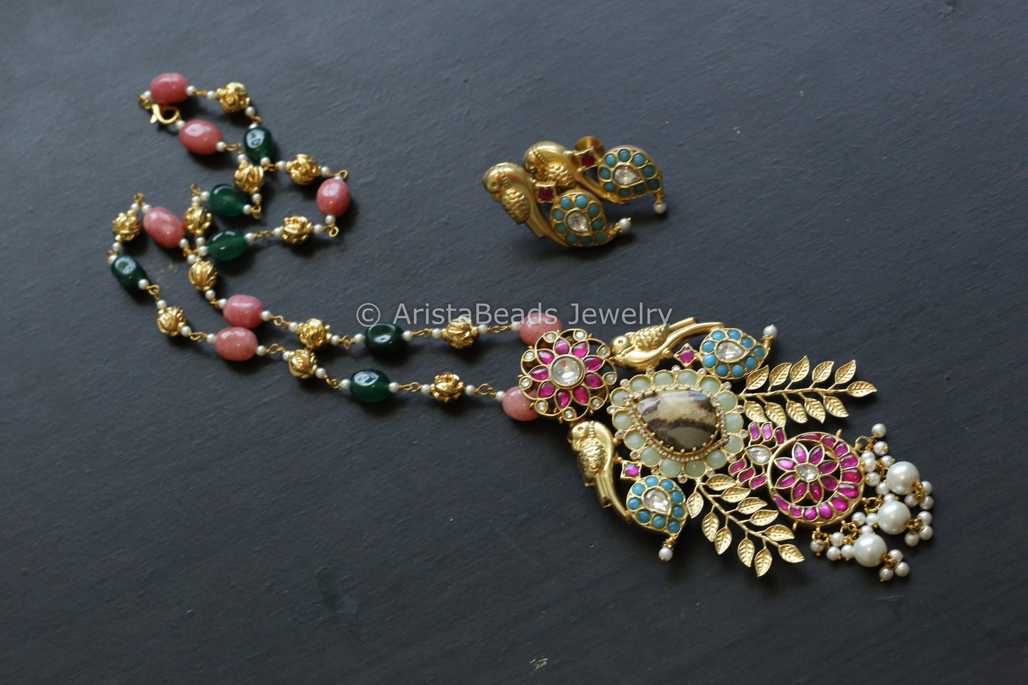 Jasper Stone Fusion Jadau Necklace Set