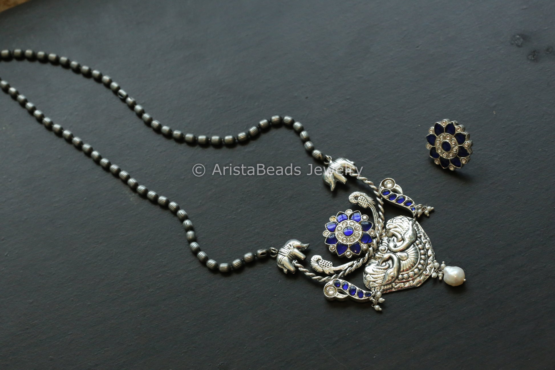 Next To Real Silver Jadau Necklace Set - Blue