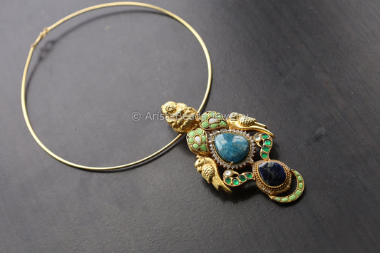 Kundan Jadau Hasli Necklace (Removable) - Blue Chalcedony