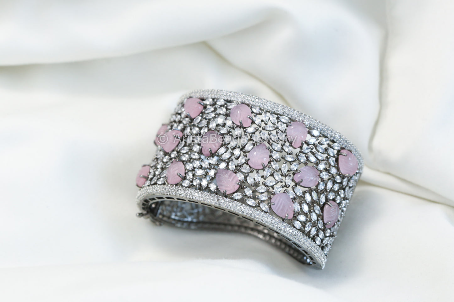 Wide CZ & Carved Stone Bracelet (Openable)- Pink Victorian