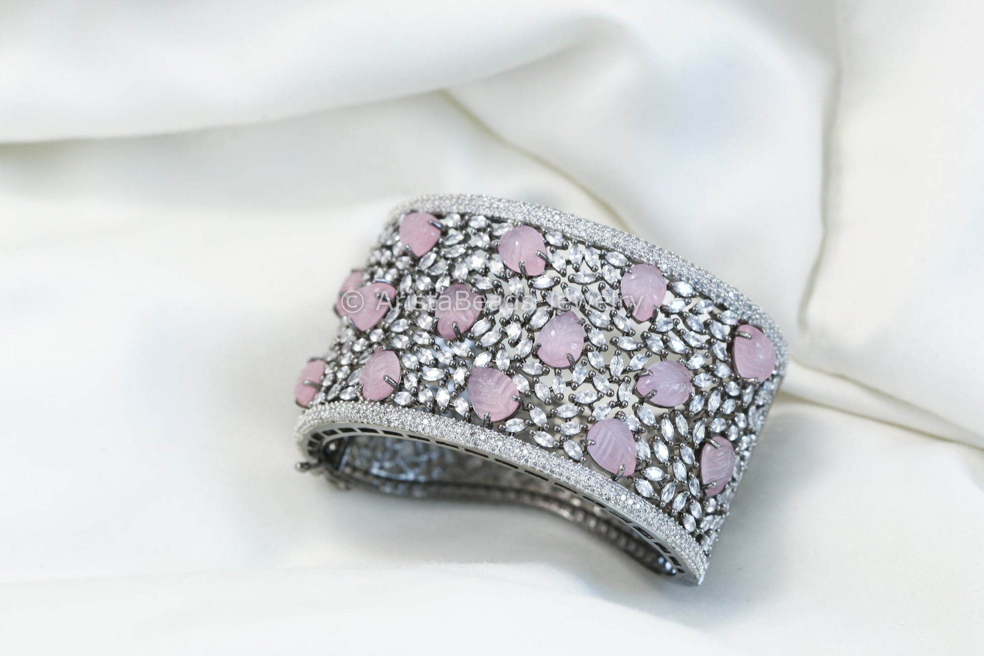 Wide CZ & Carved Stone Bracelet (Openable)- Pink Victorian
