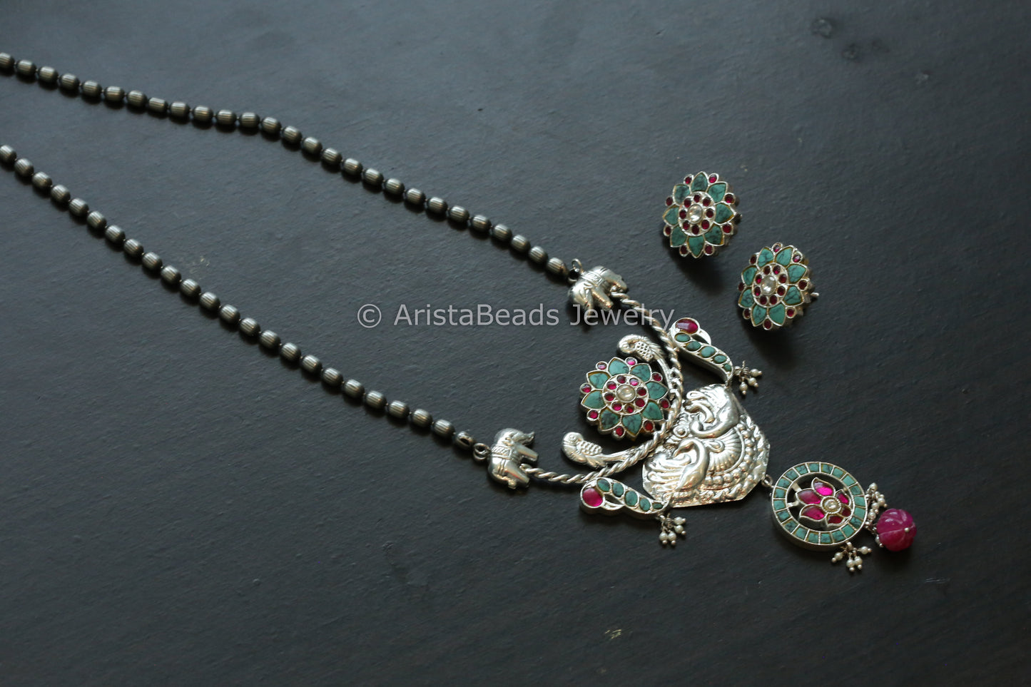 Next To Real Silver Jadau Necklace Set - Turquoise