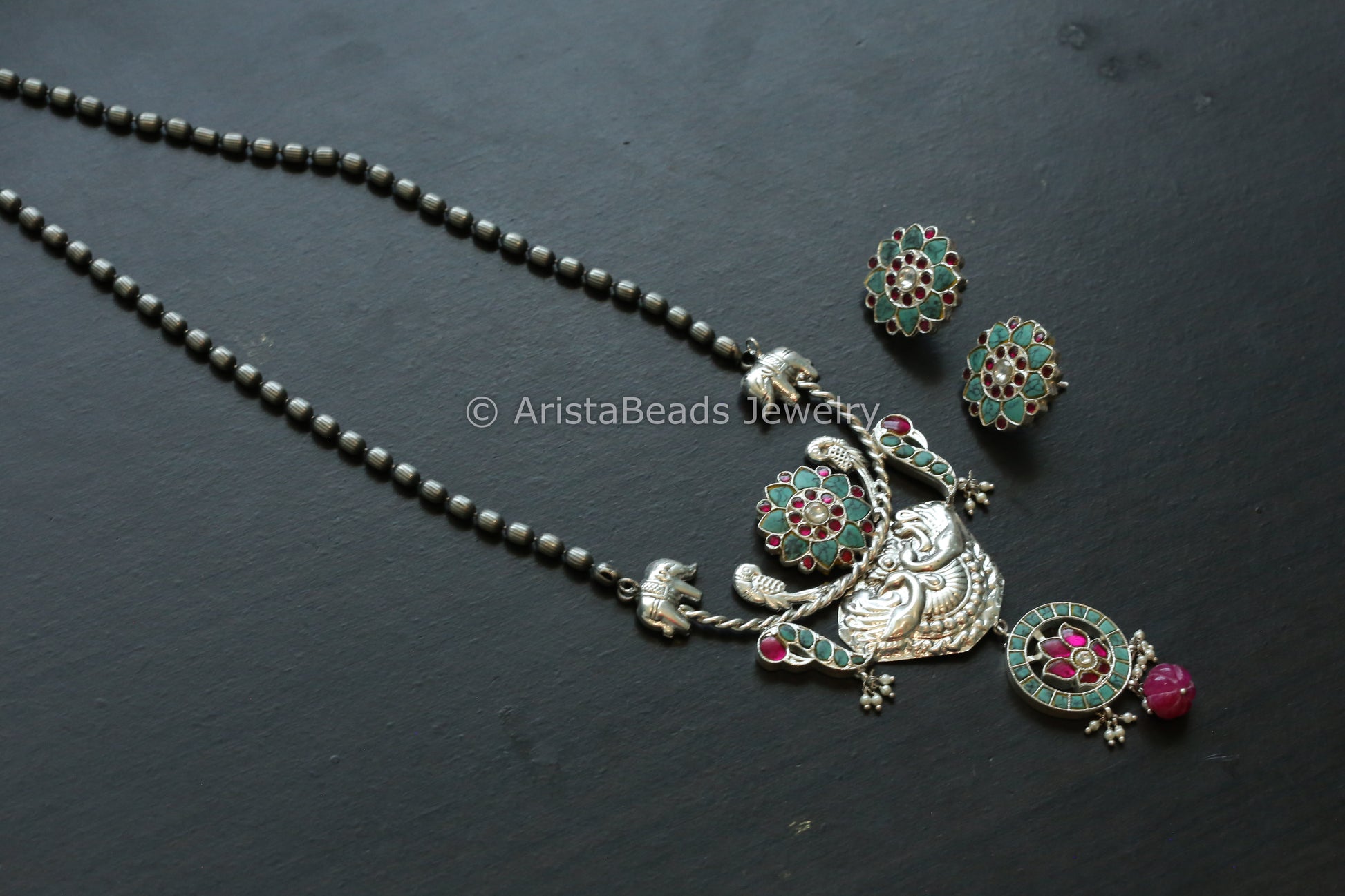 Next To Real Silver Jadau Necklace Set - Turquoise