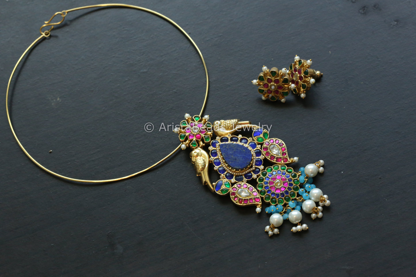 Real Jadau Hasli Necklace (Removable) - Lapis Lazuli