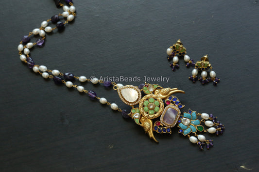 Amethyst Stone Fusion Jadau Necklace Set