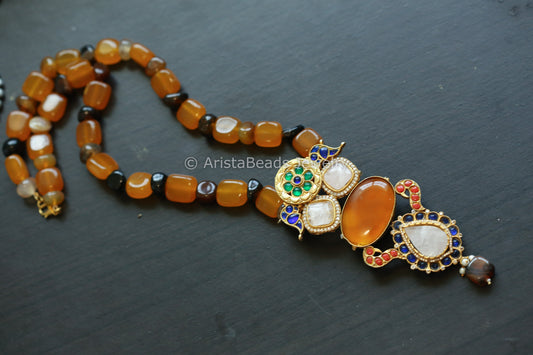 Kundan Jadau Fusion Necklace - Carnelian & Rose Quartz