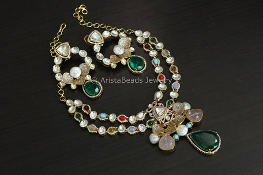 Designer Navaratan Stones, Fine CZ & Polki Necklace Set