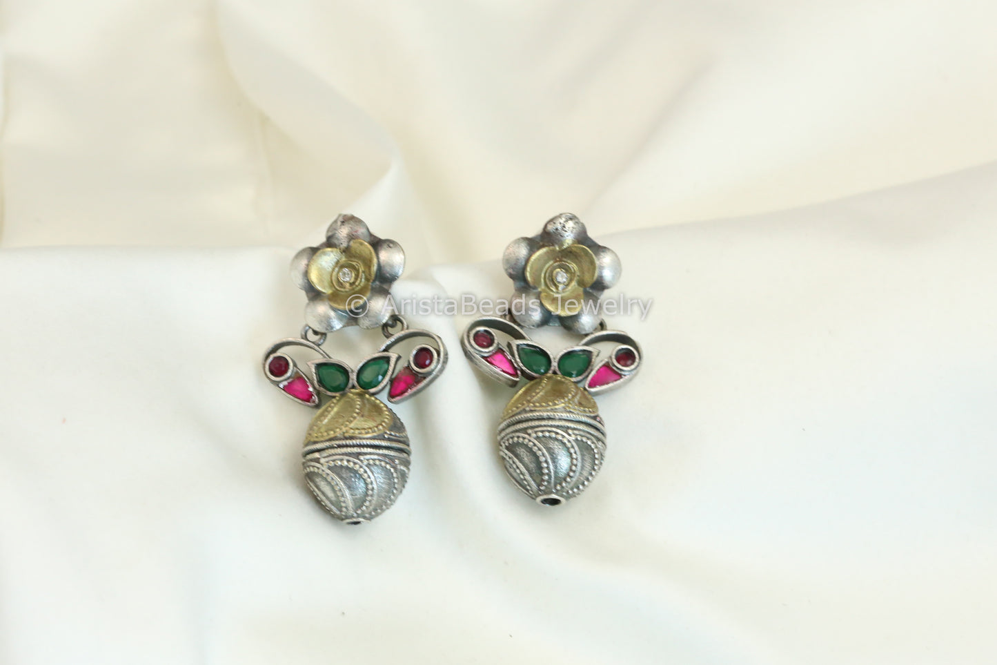 Karishma Dual Tone Earrings - Green Ruby