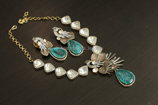 Designer Aqua Doublet, Fine CZ & Polki Necklace Set