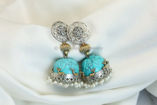 Dual Tone Stone Dome Jhumka-Turquoise