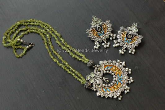 Enamel Oxidized Necklace Set - Peridot Beads