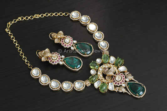 Designer Peridot, Fine CZ & Polki Necklace Set