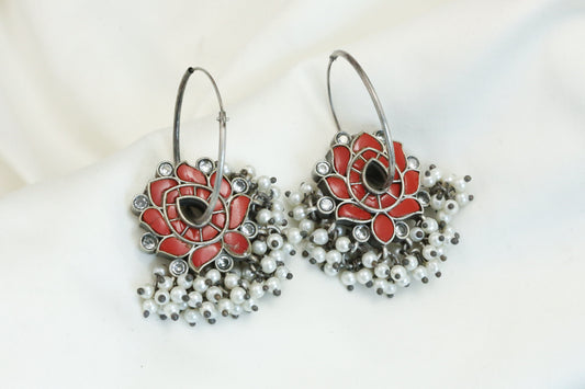 Jadau Kundan Hoops Earrings - Coral