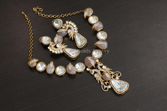 Designer Rose Quartz, Fine CZ & Polki Necklace Set