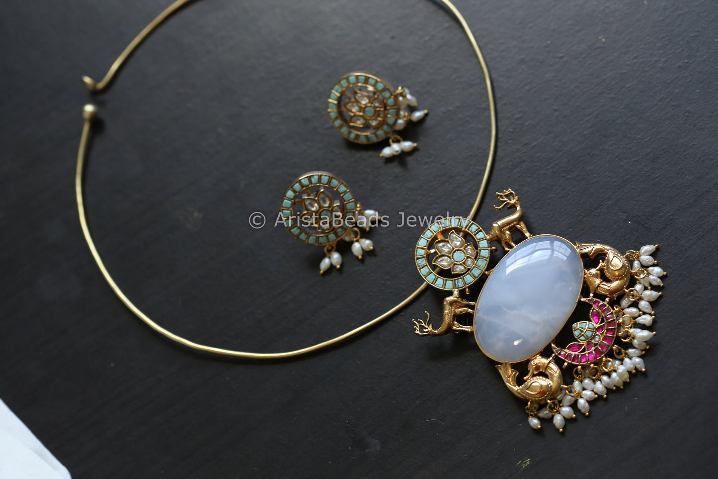 Real Jadau Hasli Necklace (Removable) - MoonStone