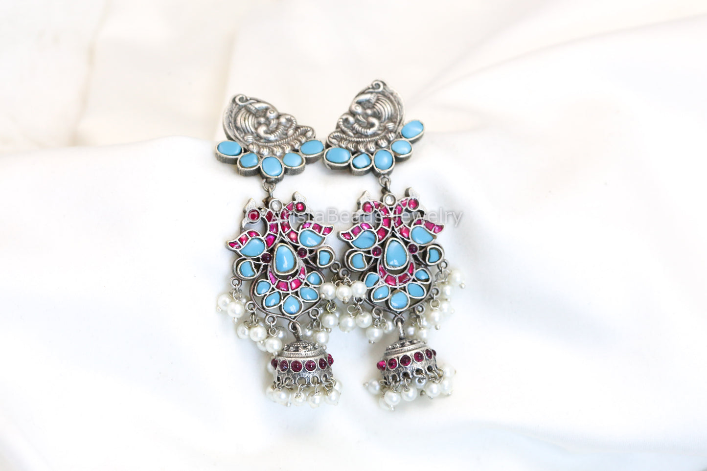 Jadau Jhumka In Silver Finish - Turquoise
