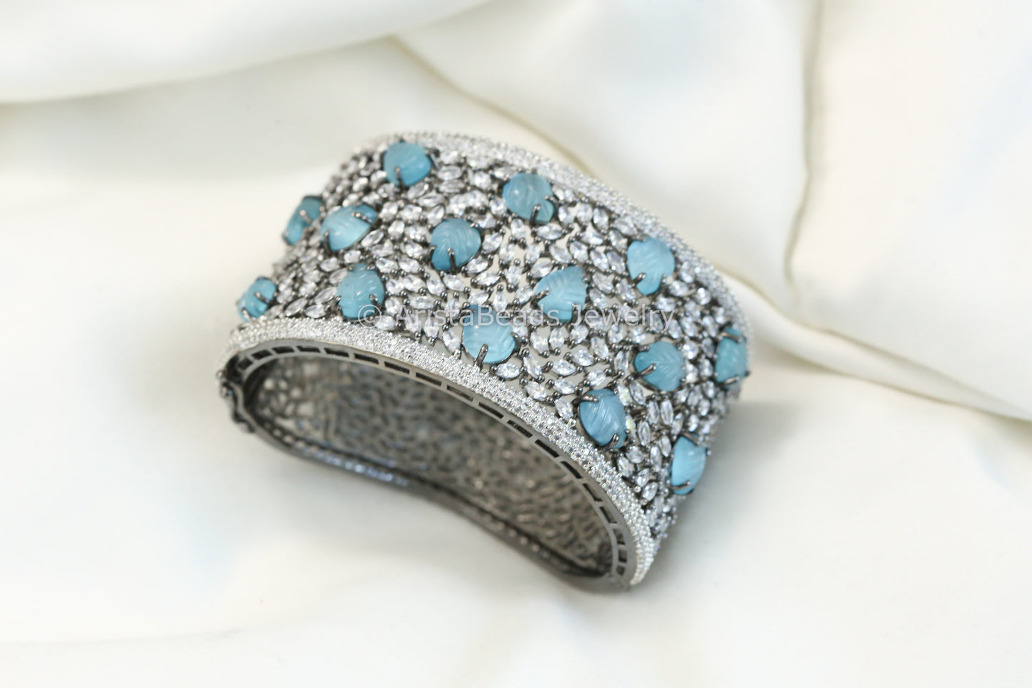 Wide CZ & Carved Stone Bracelet (Openable)- Aqua Victorian