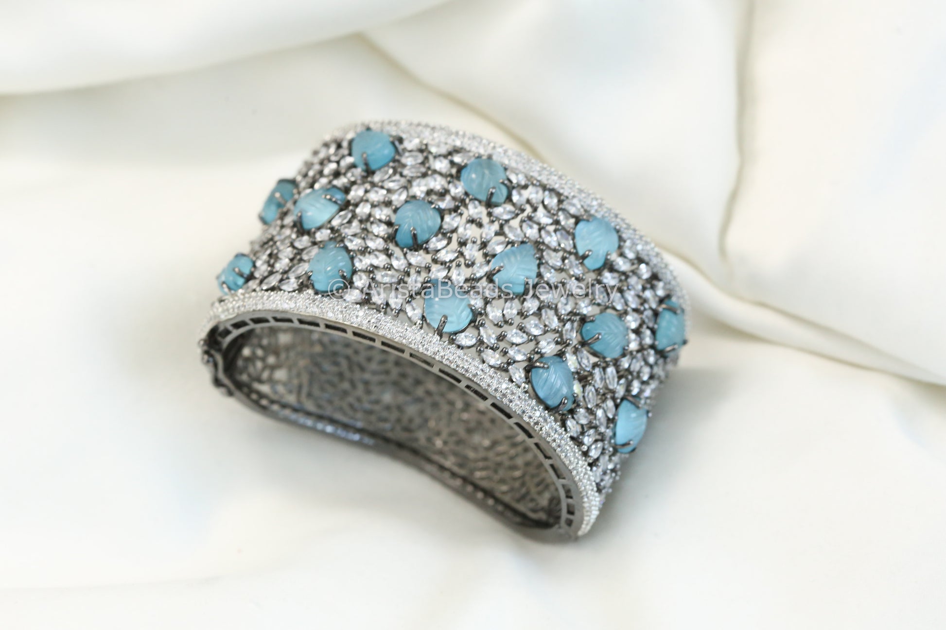 Wide CZ & Carved Stone Bracelet (Openable)- Aqua Victorian