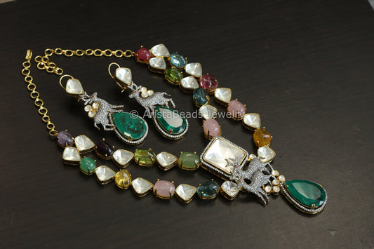 Designer Semiprecious Stones, Fine CZ & Polki Necklace Set