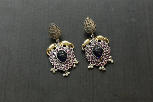 Carved Stone Dual Tone Earrings - Ruby Blue