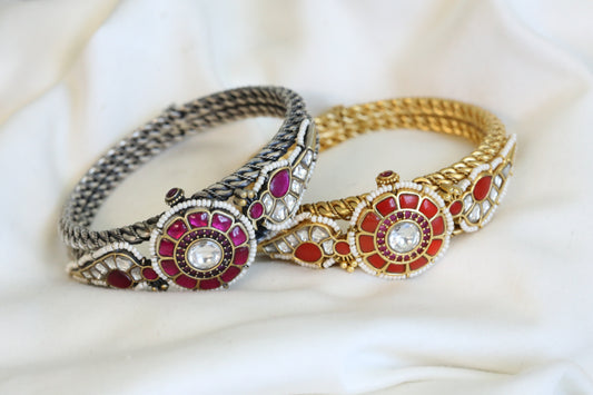 Jadau Kundan Silver Look Alike Bracelets ( Openable)