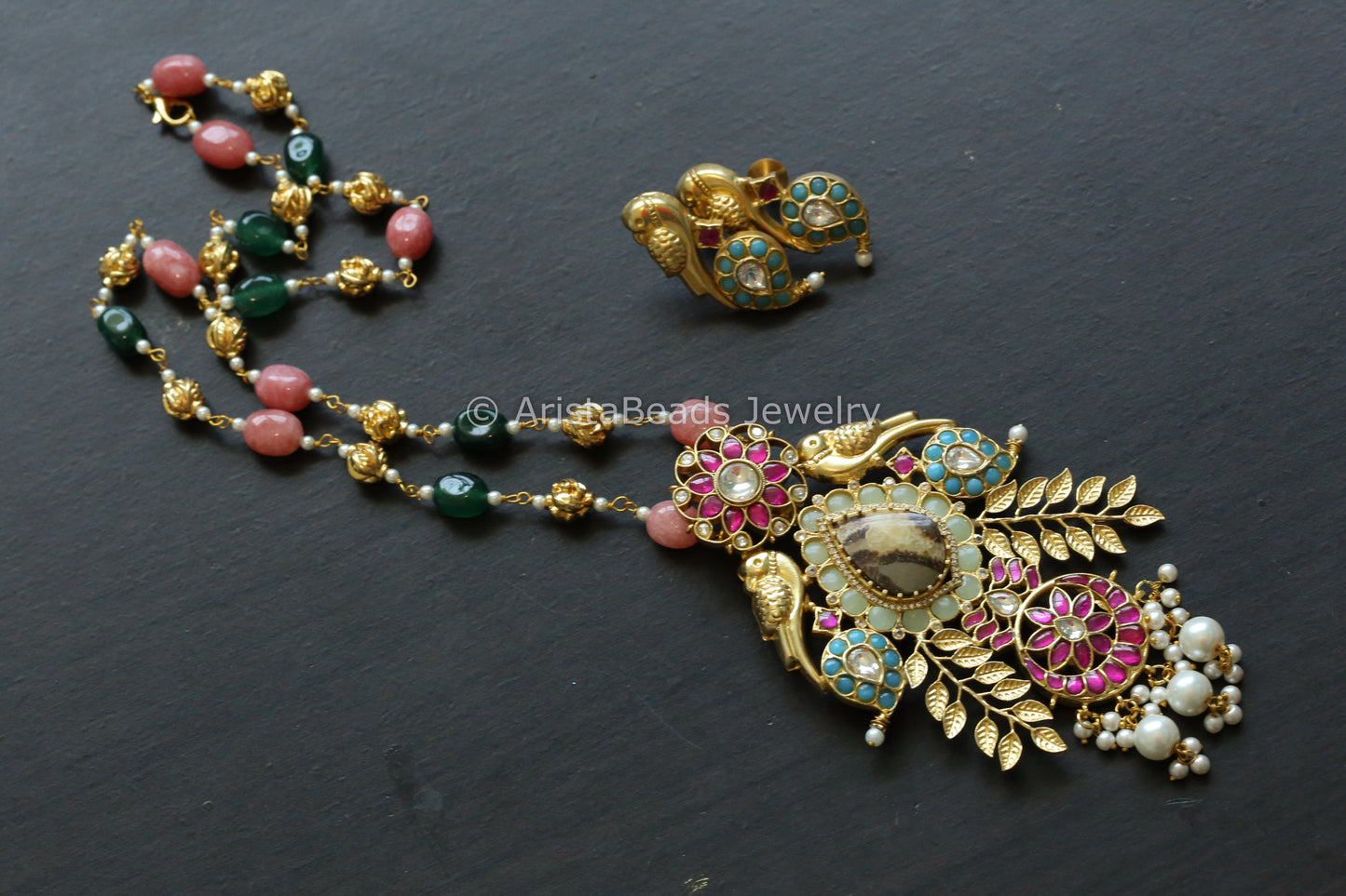 Jasper Stone Fusion Jadau Necklace Set