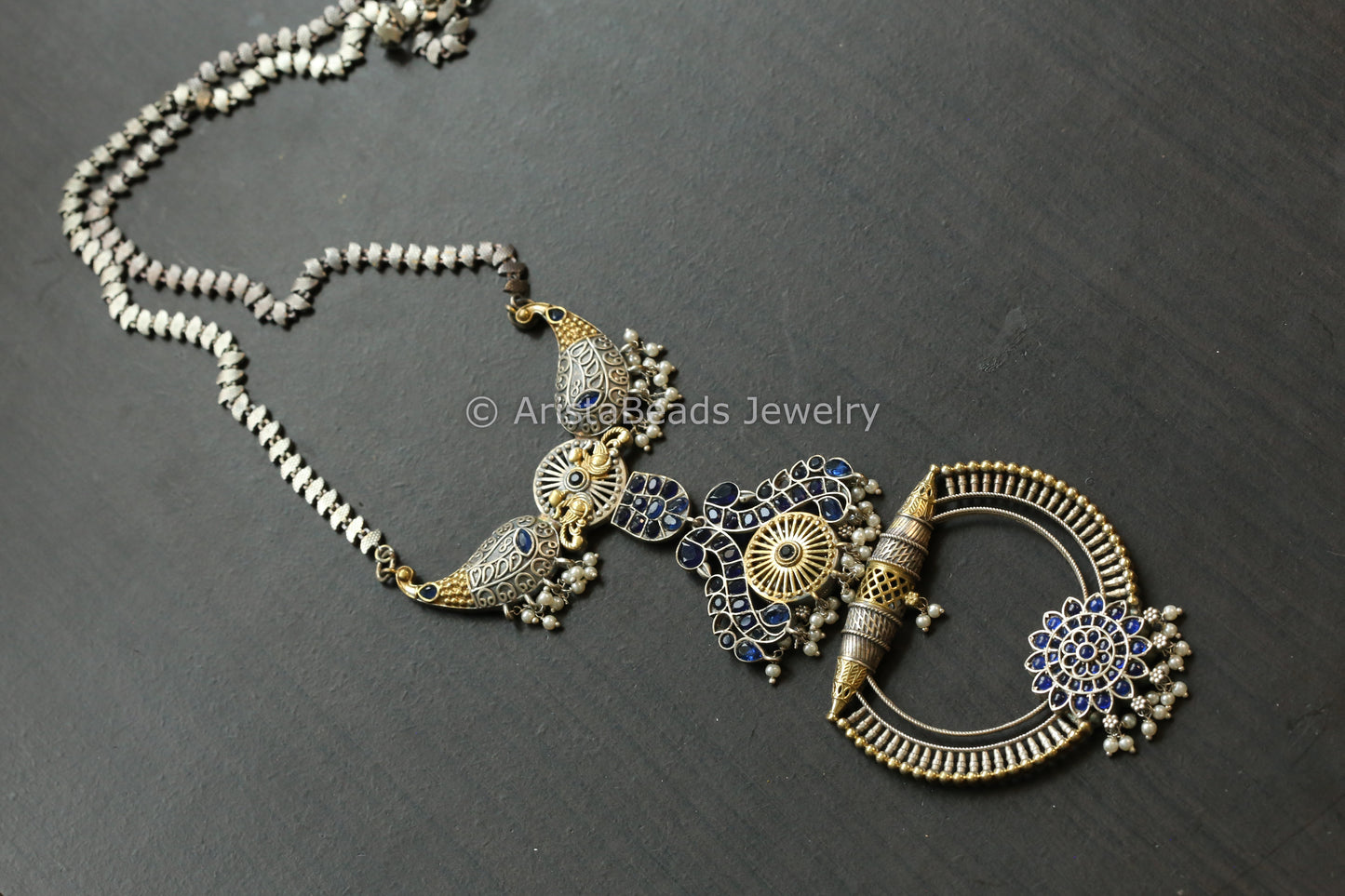 Long Dual Tone Brass Necklace  - Blue