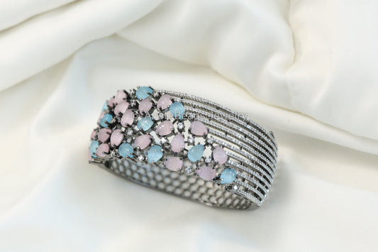 Boutique CZ & Carved Stone Bracelet (Openable) - Blue Pink