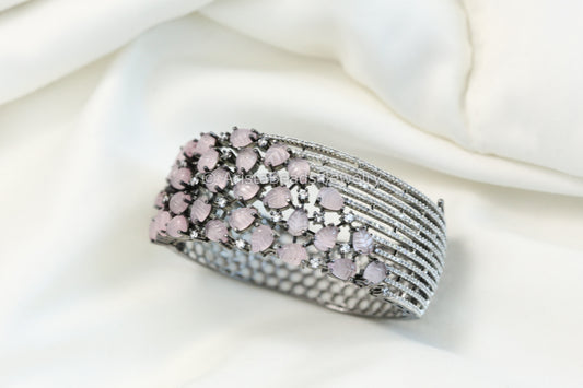 Boutique CZ & Carved Stone Bracelet (Openable)- Pink