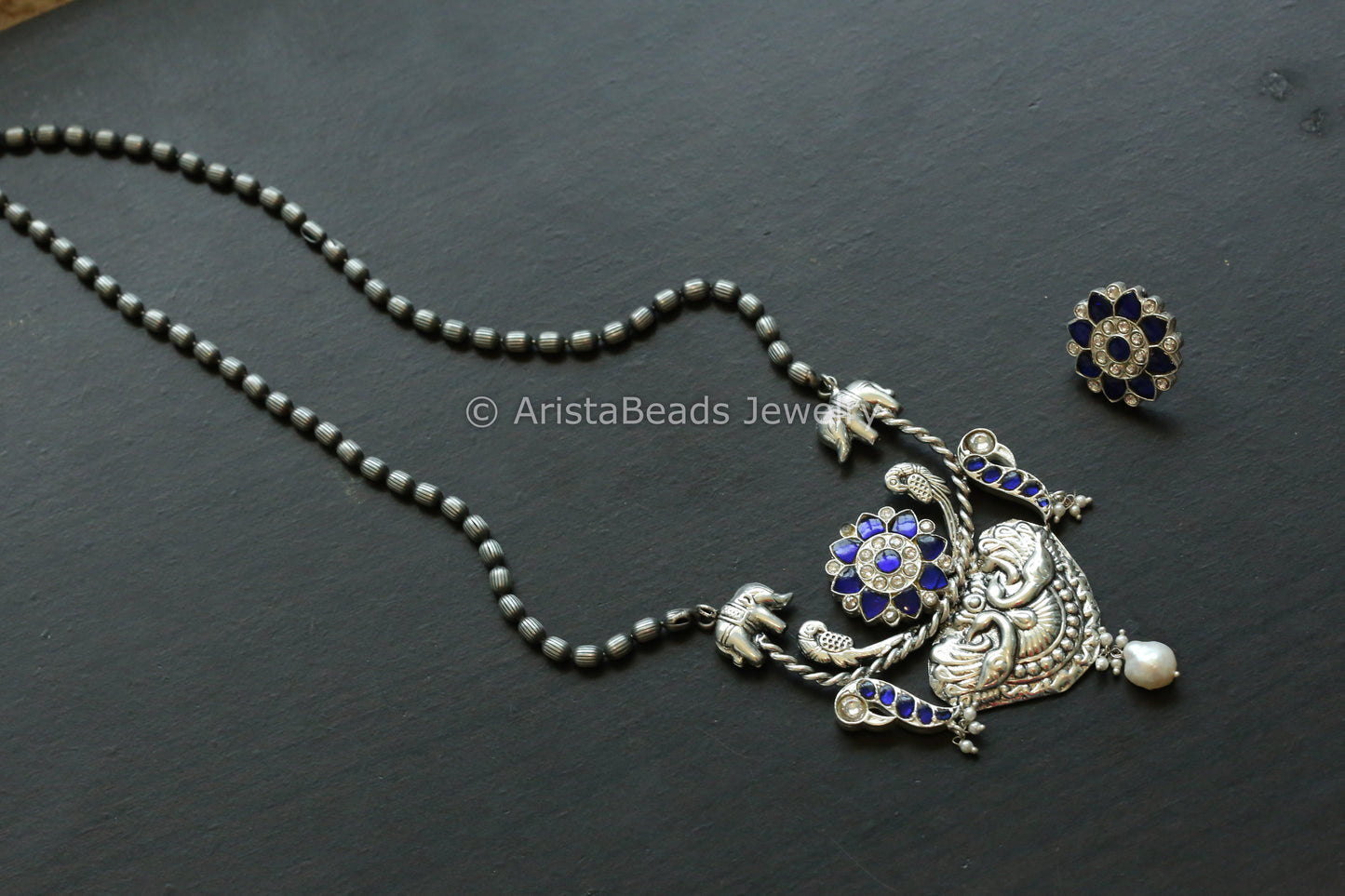 Next To Real Silver Jadau Necklace Set - Blue