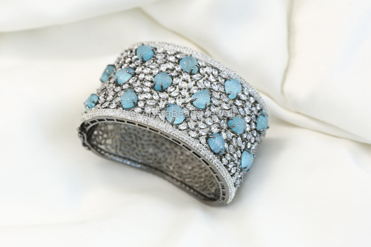 Wide CZ & Carved Stone Bracelet (Openable)- Aqua Victorian