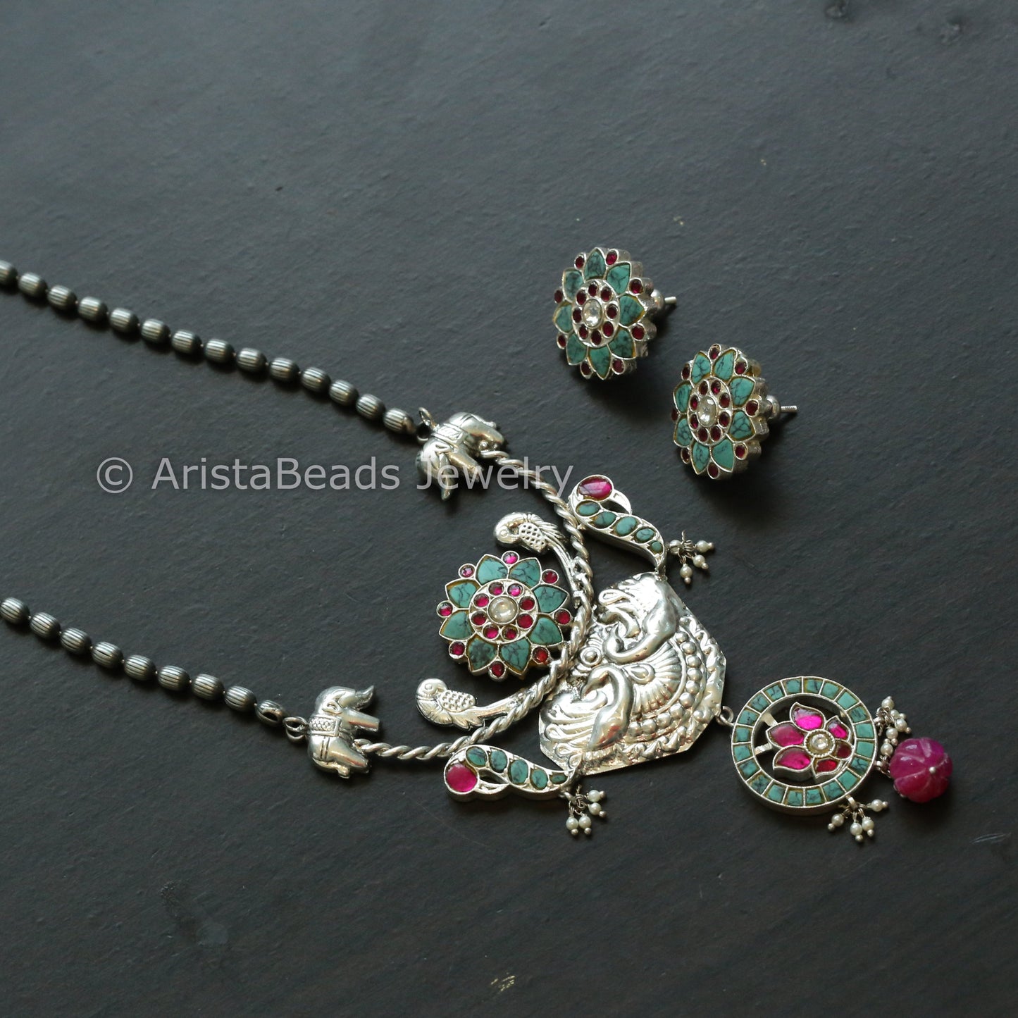 Next To Real Silver Jadau Necklace Set - Turquoise