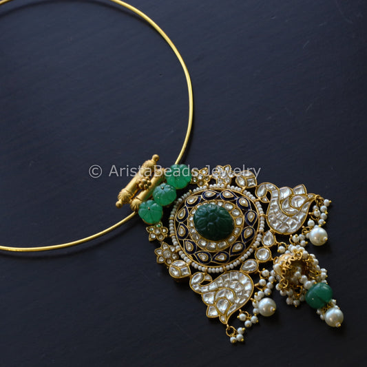 One Of A Kundan Jadau Enamel Hasli Necklace - Jade Stone