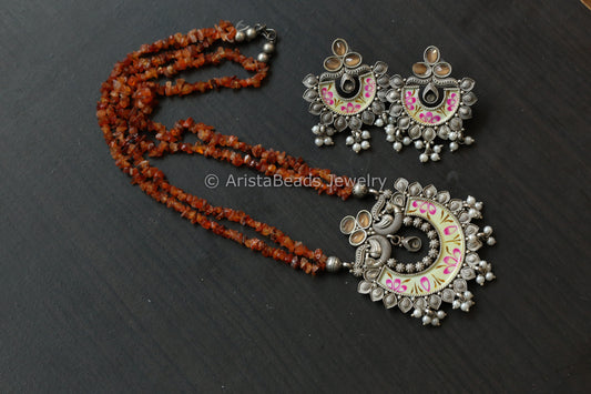 Enamel Oxidized Necklace Set - Carnelian Beads