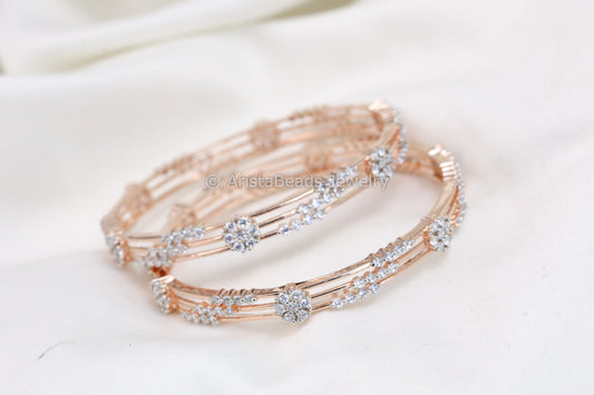 Rose Gold Finish Contemporary CZ Bangles Set (2.4 & 2.6)