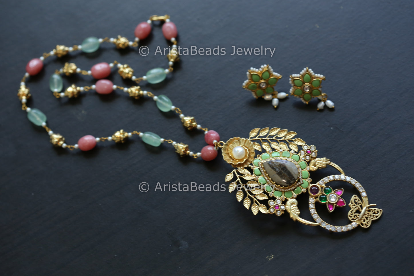 Kundan Jadau Pista Green Necklace Set - Jasper