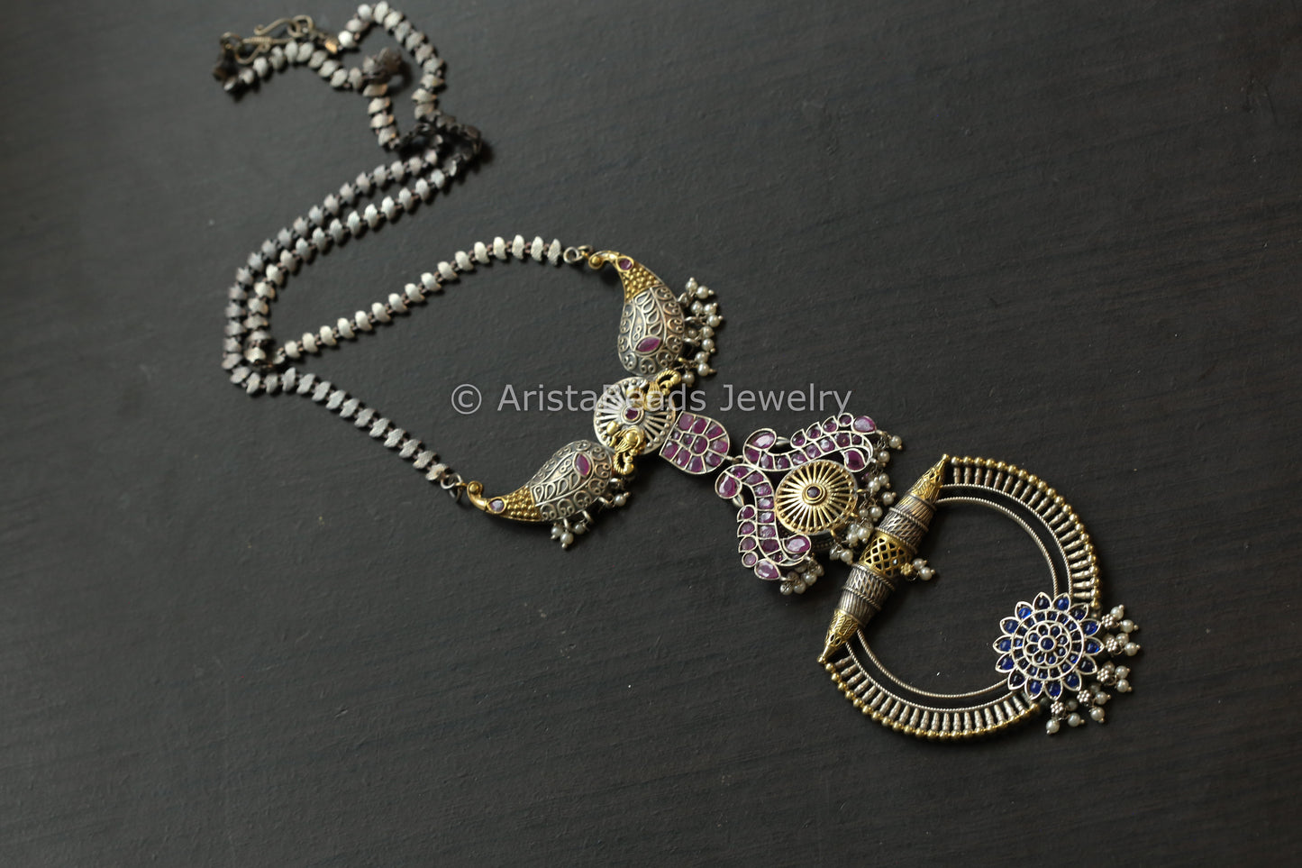 Long Dual Tone Brass Necklace  - Blue Ruby