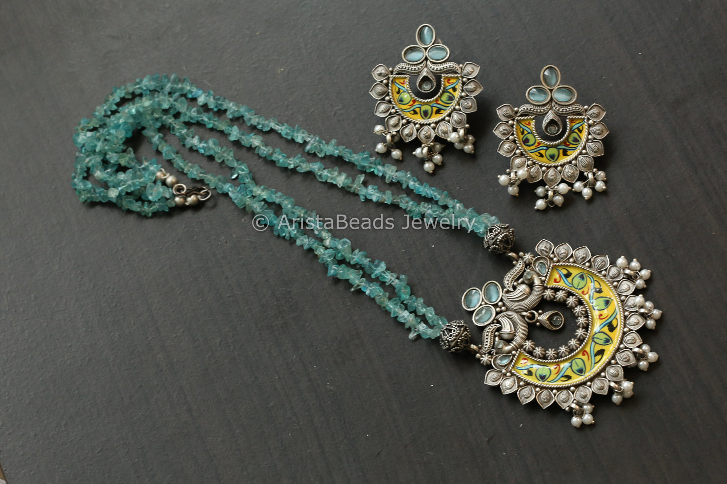 Enamel Oxidized Necklace Set - Apatite Beads