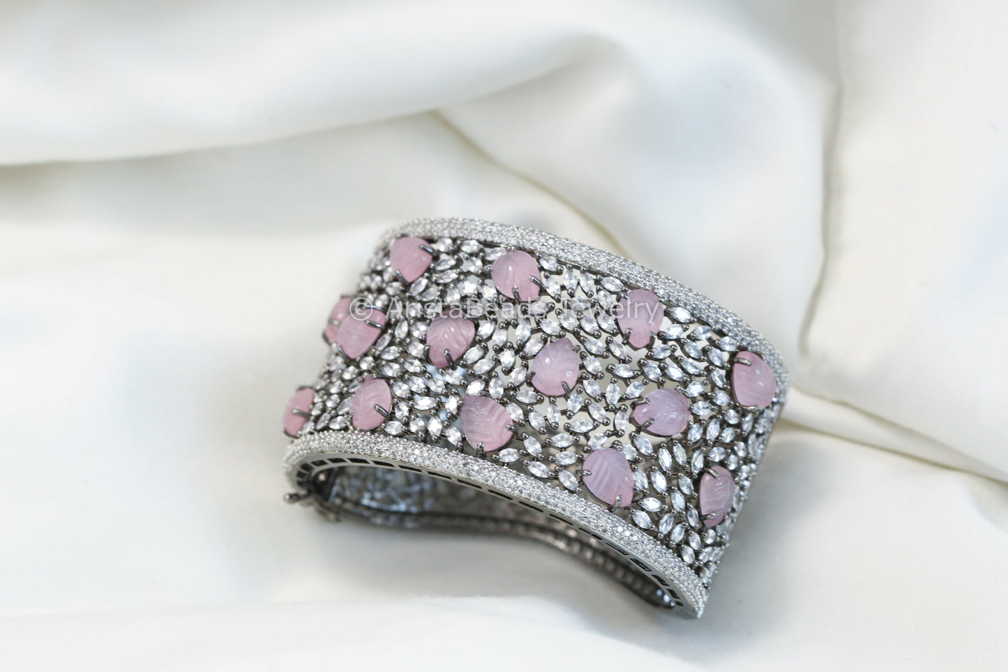 Wide CZ & Carved Stone Bracelet (Openable)- Pink Victorian