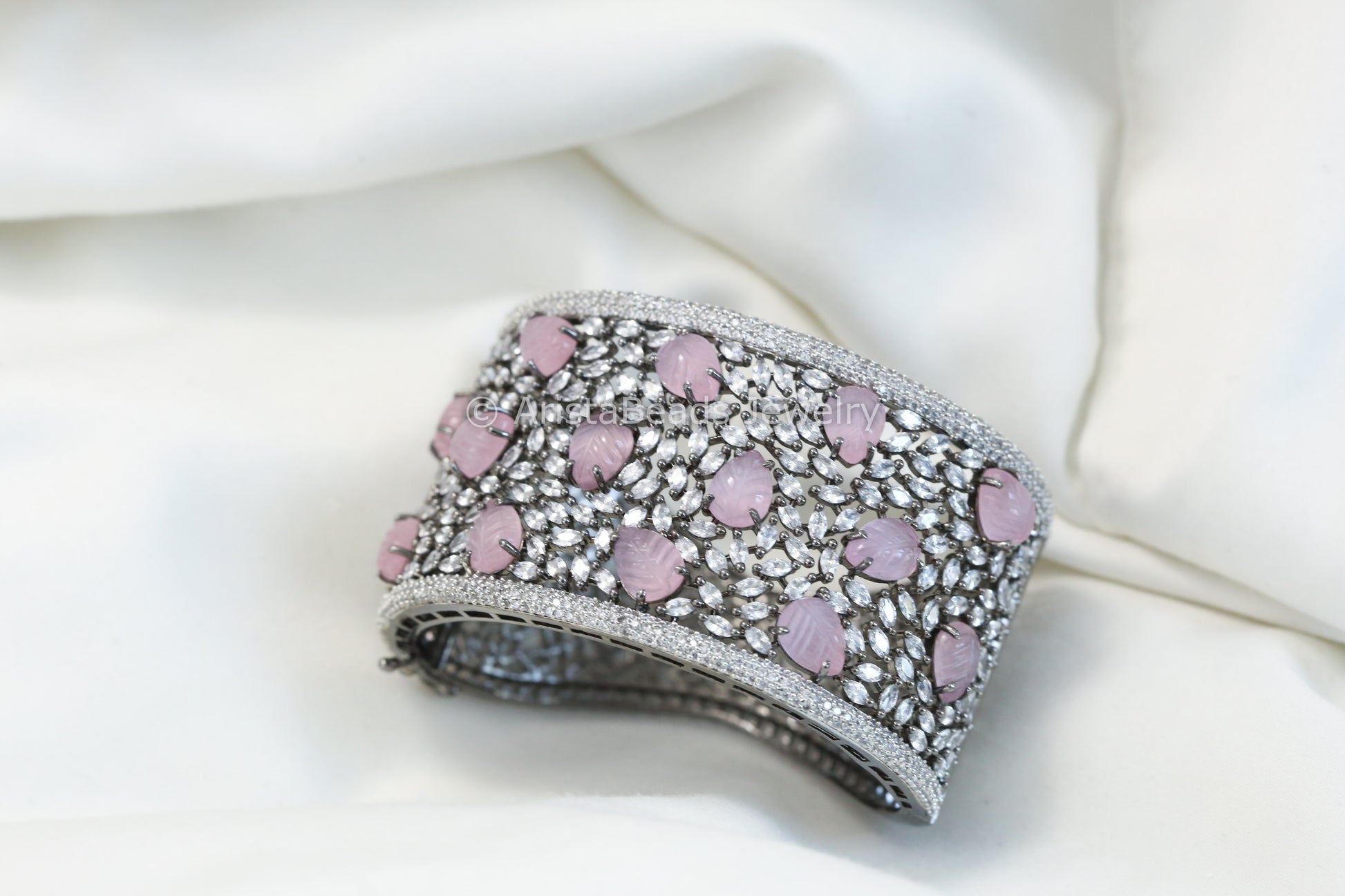 Wide CZ & Carved Stone Bracelet (Openable)- Pink Victorian