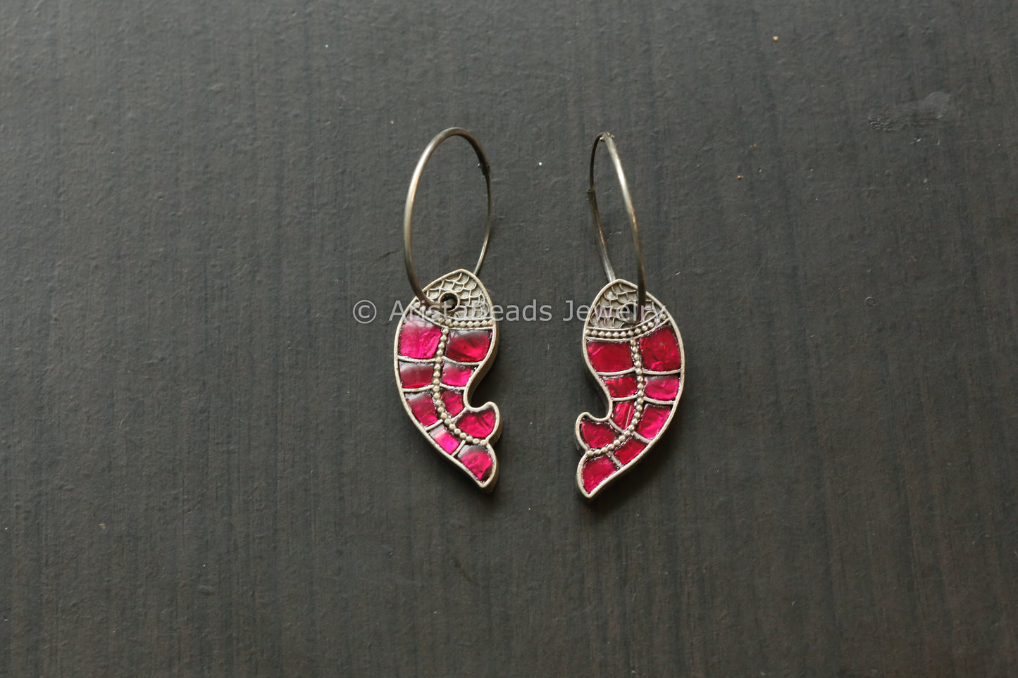 Jadau Fish Hoop Earrings - Ruby