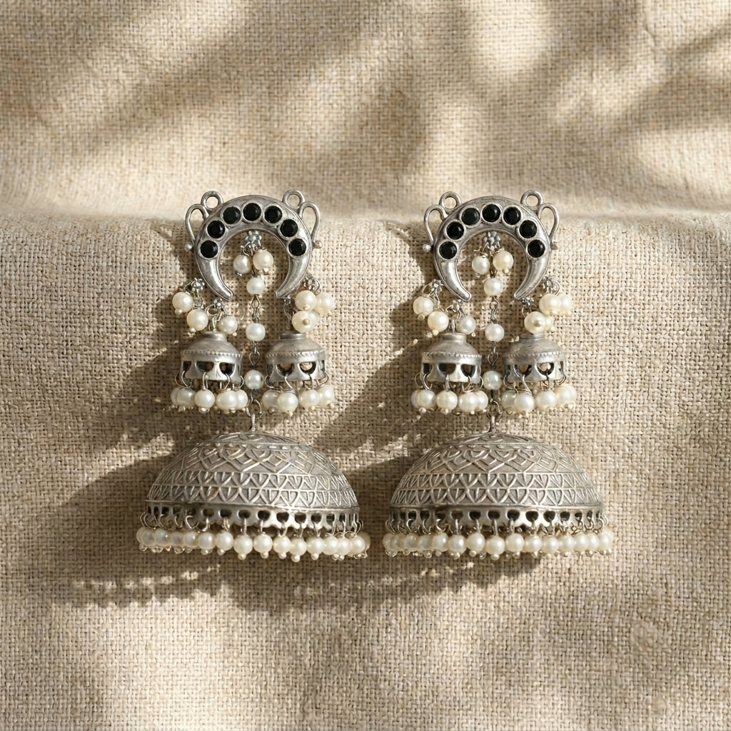 Layered Silver Tone Earrings - Black