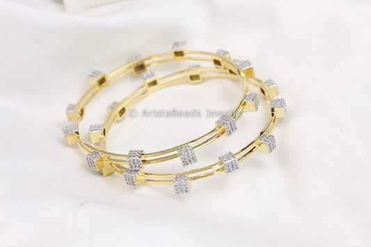 Gold Finish Contemporary CZ Bangles Set (2.4 & 2.6)