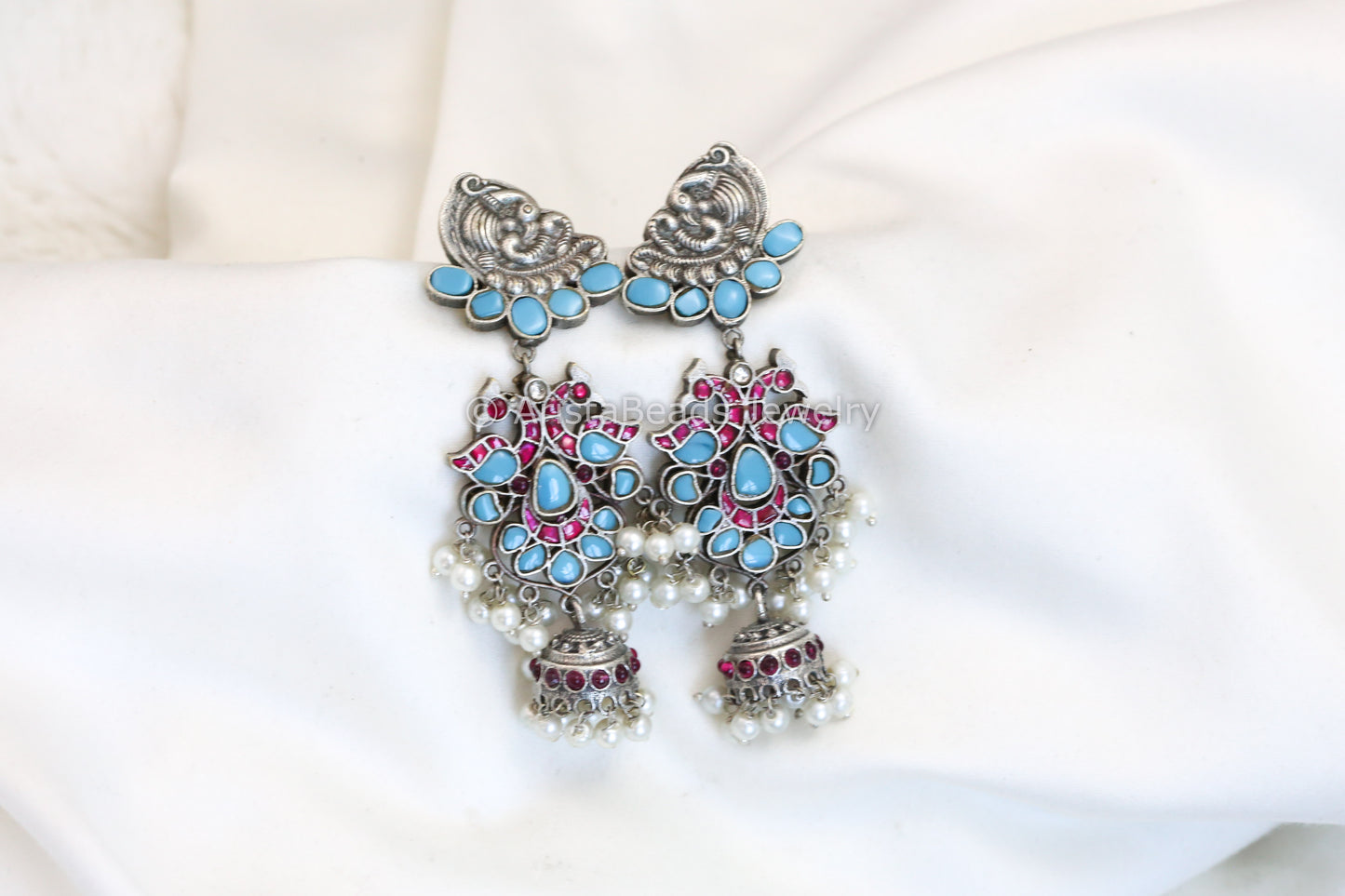 Jadau Jhumka In Silver Finish - Turquoise