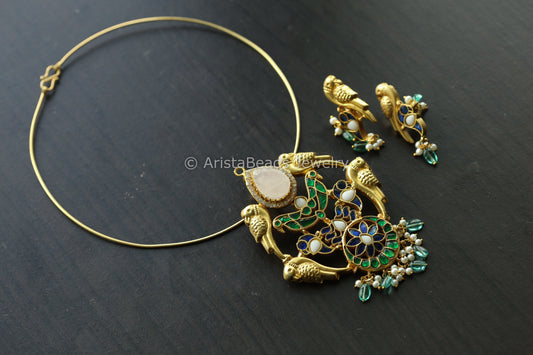 Kundan Jadau Hasli Necklace (Removable) - Rose Quartz