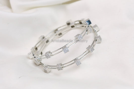 Silver Finish Contemporary CZ Bangles Set (2.4 & 2.6)