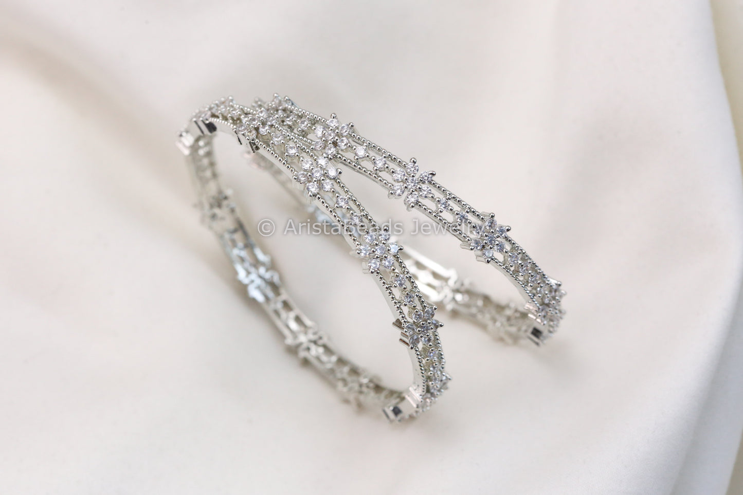Silver Finish Contemporary CZ Bangles Set (2.4 & 2.6)