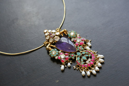 Real Moissanite Jadau Hasli Necklace (Removable) - Amethyst
